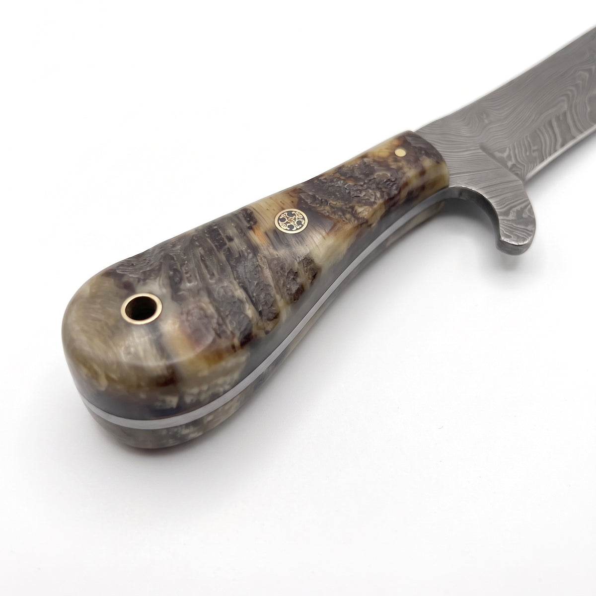 Ranch 8" Damascus Bull Cutter | Ram Horn, handle and fittings close-up