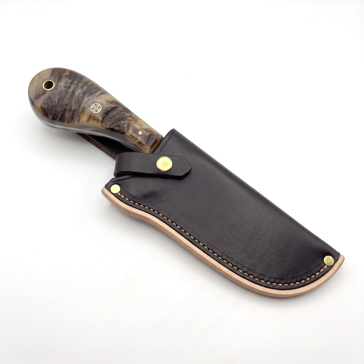Ranch 8" Damascus Bull Cutter | Ram Horn, seated in the Crownridge sheath
