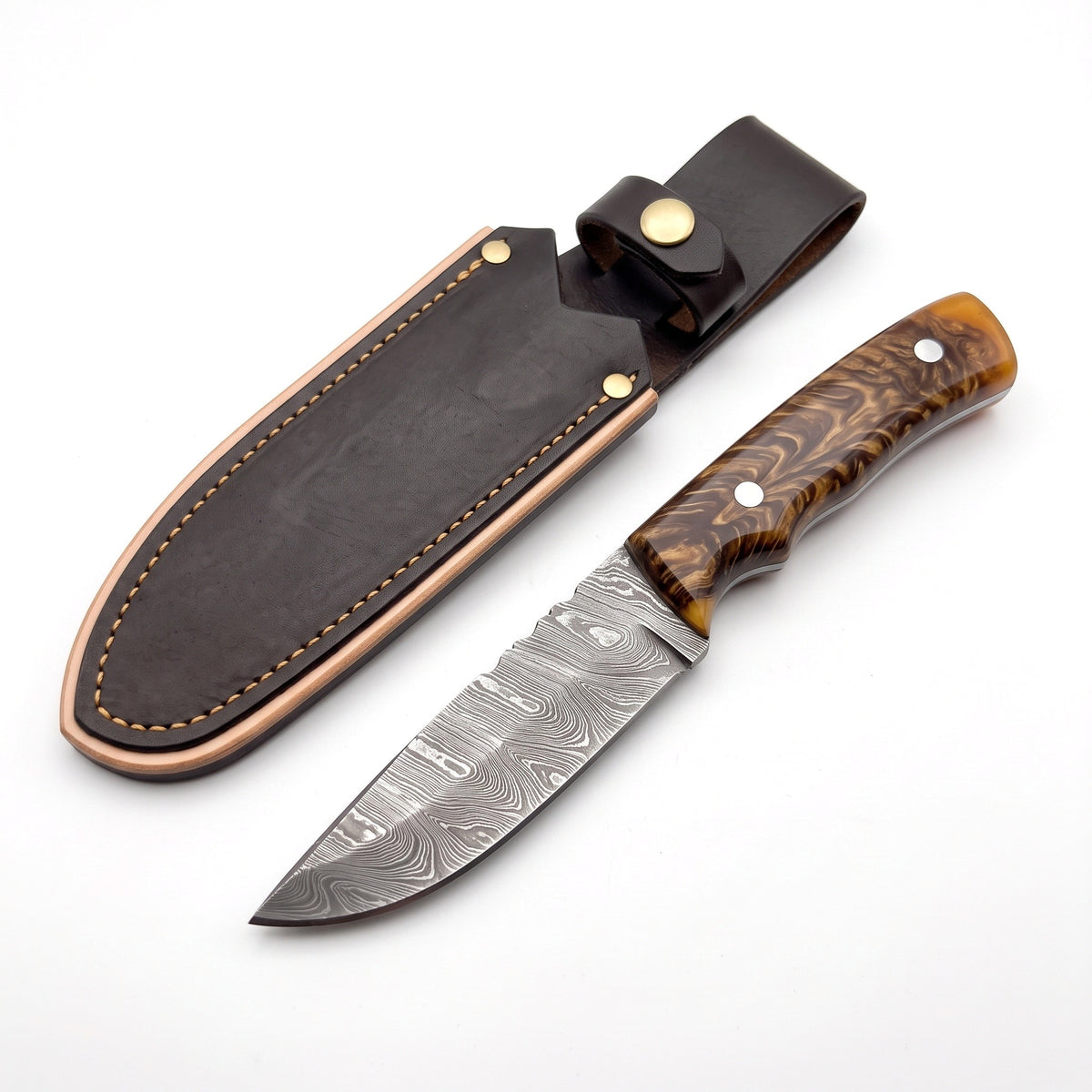 Ranch 8" Damascus Cowboy Knife | Resin, three-quarter view with the Crownridge sheath