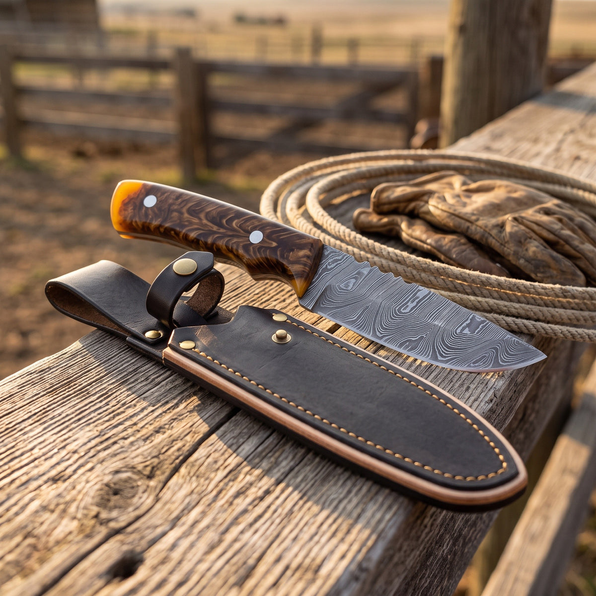 Ranch 8" Damascus Cowboy Knife | Resin, with the Crownridge sheath in use