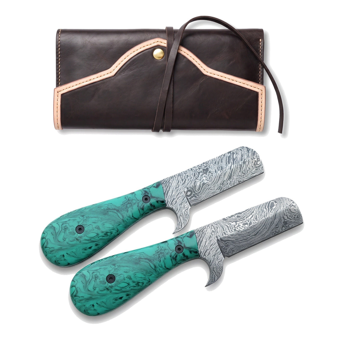 Ranch Damascus Bull Cutter Pair | Turquoise, three-quarter view with the Crownridge knife roll