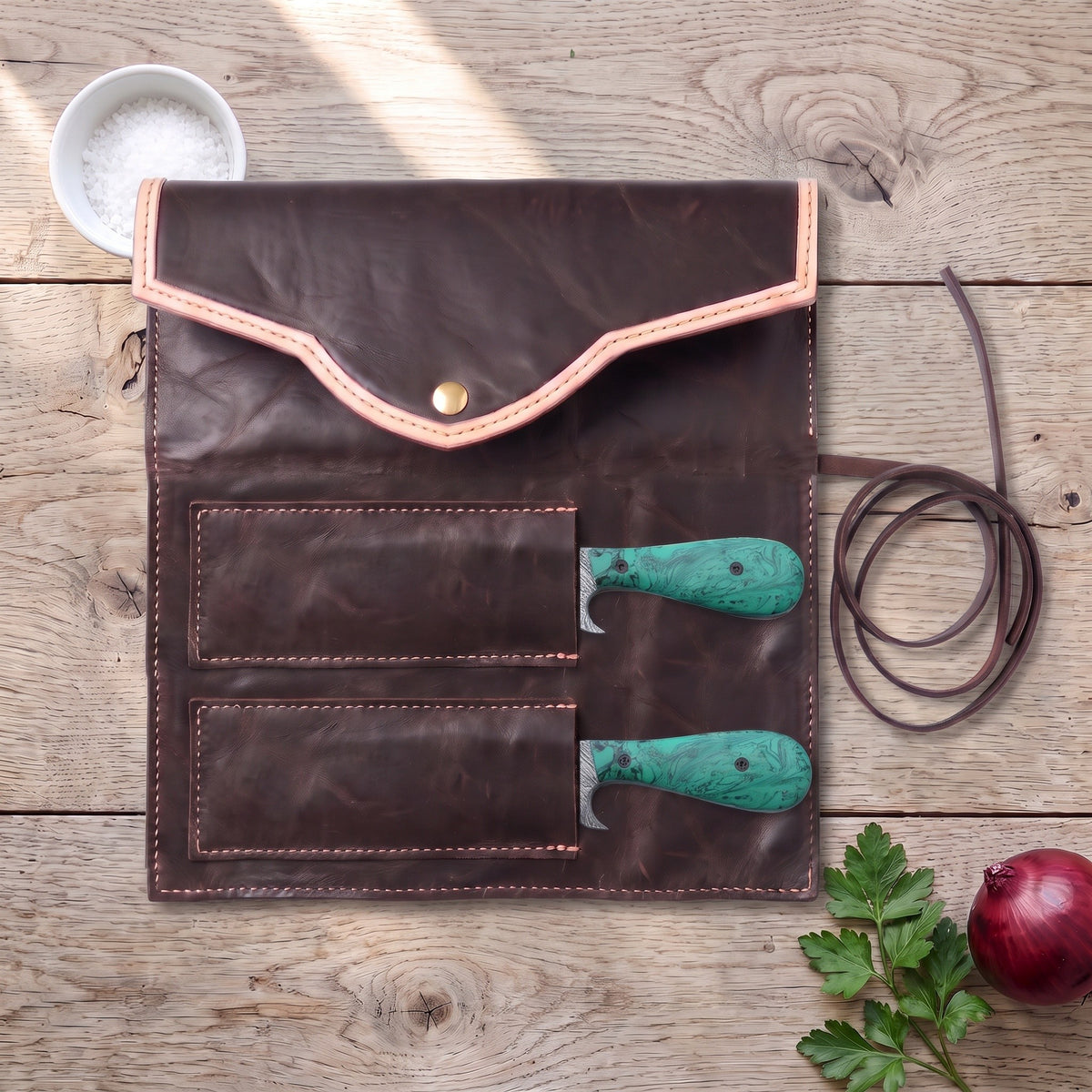 Ranch Damascus Bull Cutter Pair | Turquoise, with the Crownridge knife roll in use