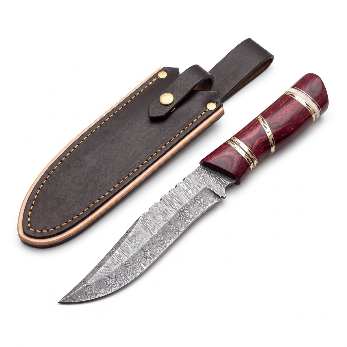 Ridgeback 10" Damascus Hunting Knife | Burgundy Pakkawood, three-quarter view with the Crownridge sheath
