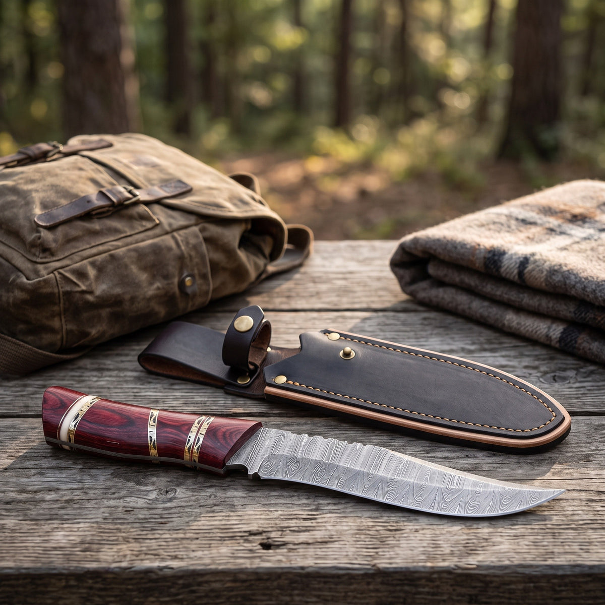 Ridgeback 10" Damascus Hunting Knife | Burgundy Pakkawood, with the Crownridge sheath in use