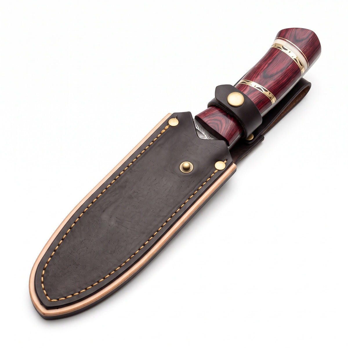 Ridgeback 10" Damascus Hunting Knife | Burgundy Pakkawood, seated in the Crownridge sheath