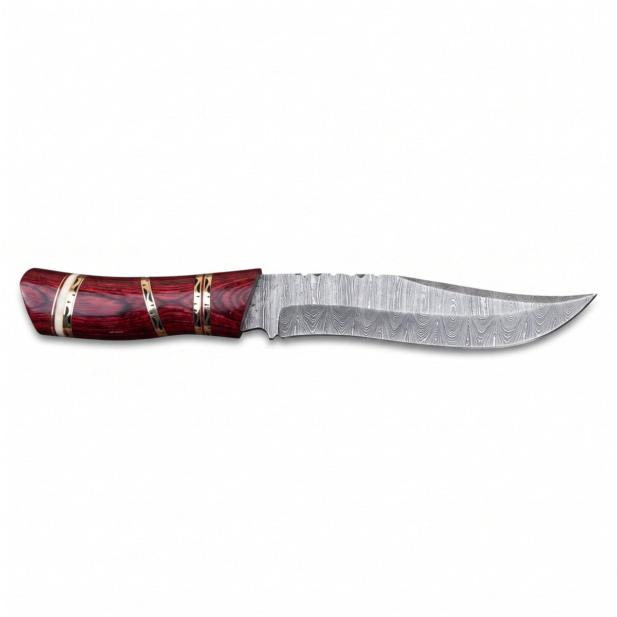 Ridgeback 10" Damascus Hunting Knife | Burgundy Pakkawood, side profile on white