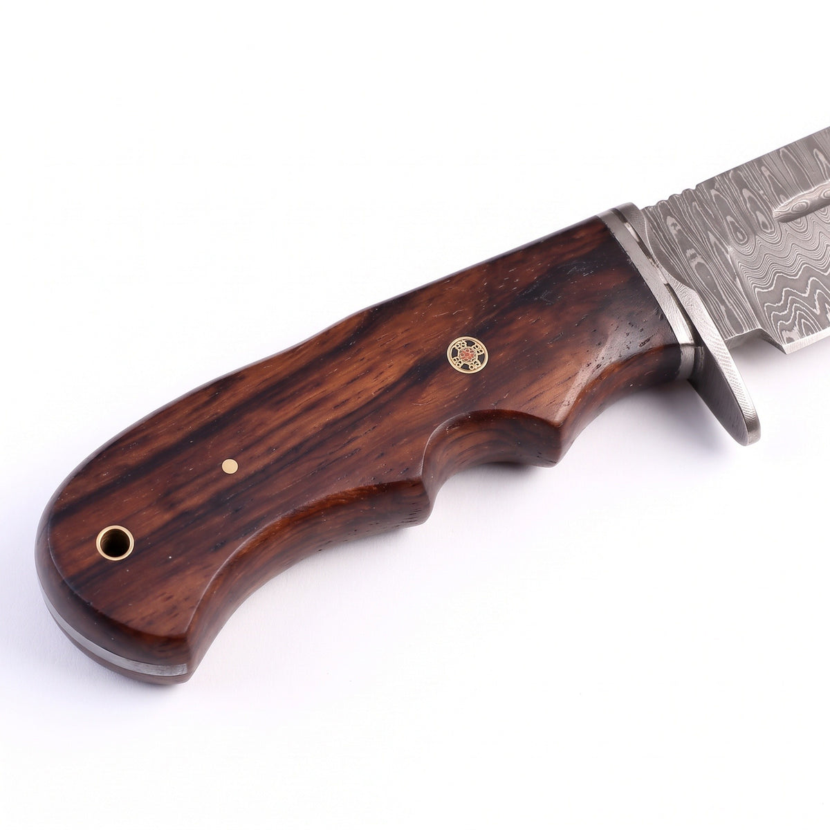 Ridgeback 10.5" Damascus Hunting Knife | Rosewood, handle and fittings close-up