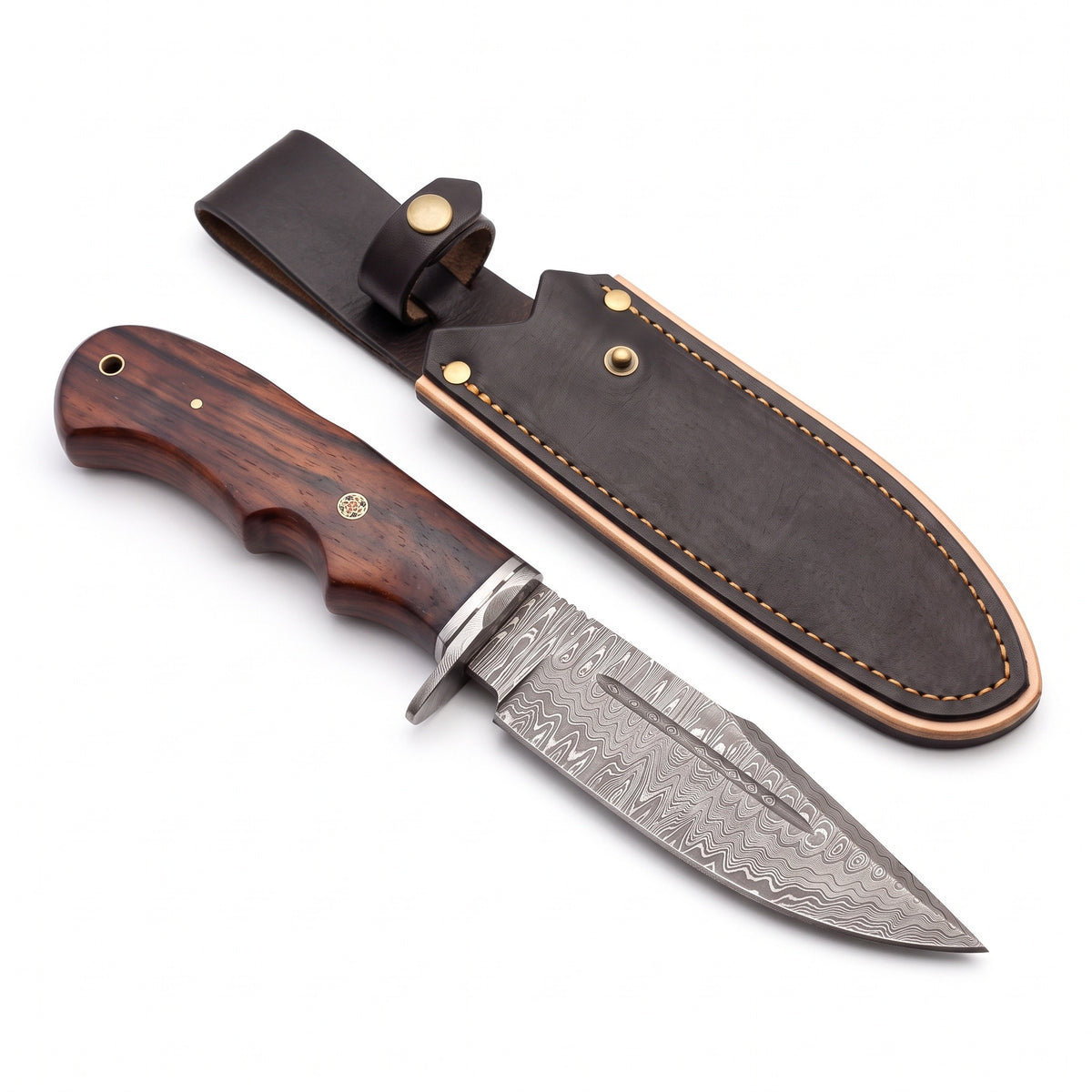 Ridgeback 10.5" Damascus Hunting Knife | Rosewood, three-quarter view with the Crownridge sheath