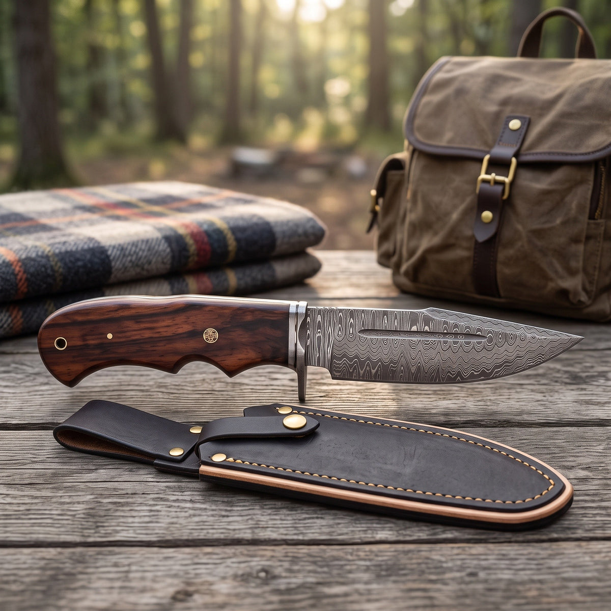 Ridgeback 10.5" Damascus Hunting Knife | Rosewood, with the Crownridge sheath in use