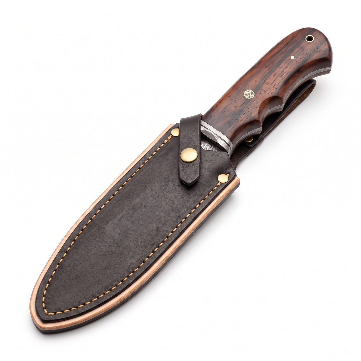 Ridgeback 10.5" Damascus Hunting Knife | Rosewood, seated in the Crownridge sheath