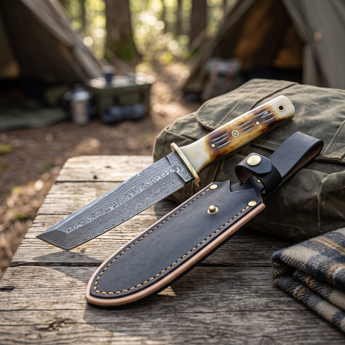 Ridgeback 10.5" Damascus Tanto Knife | Camel Bone & Brass, with the Crownridge sheath in use