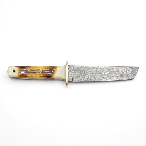 Ridgeback 10.5" Damascus Tanto Knife | Camel Bone & Brass, side profile on white
