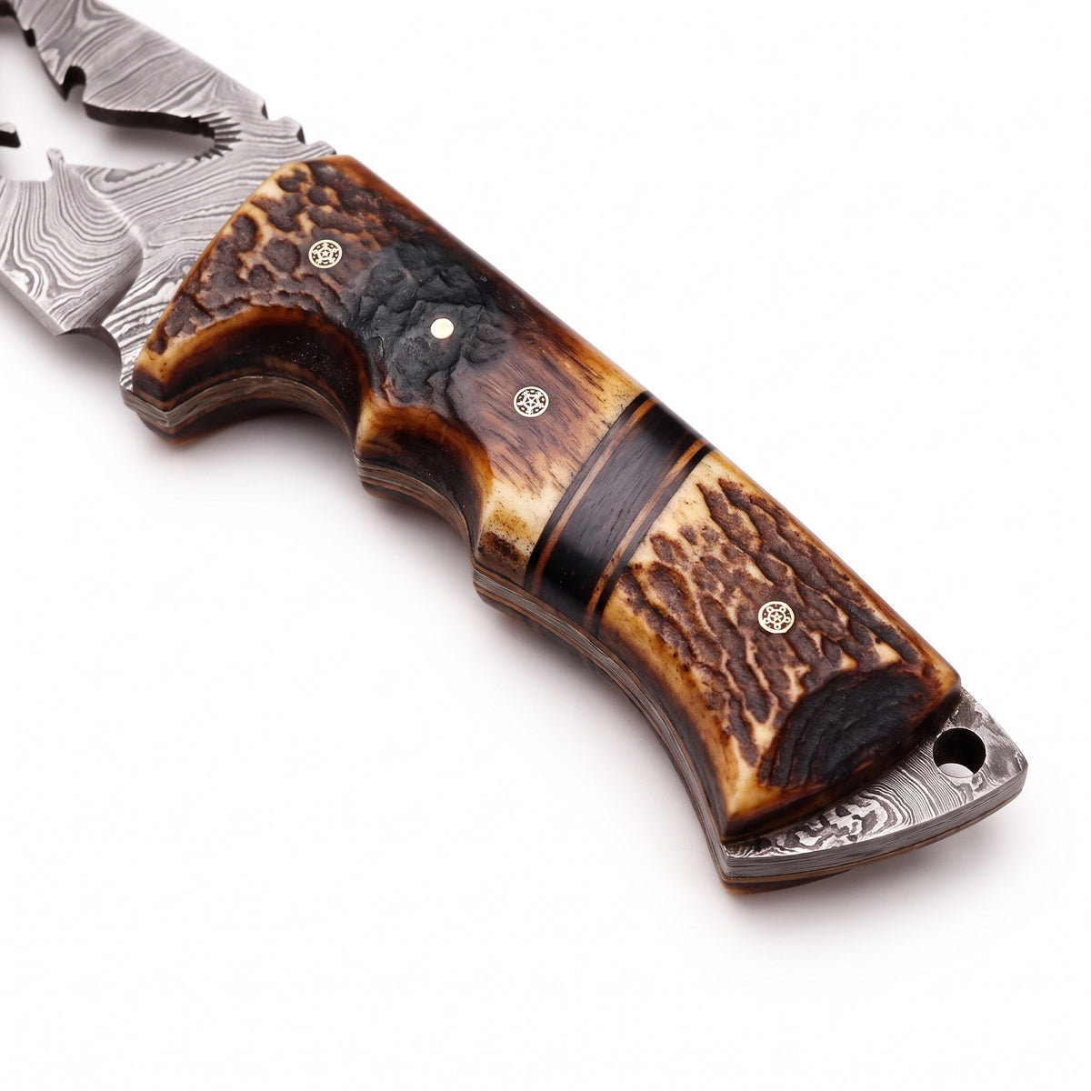 Ridgeback 10.7" Damascus Gut Hook Knife | Stag, handle and fittings close-up