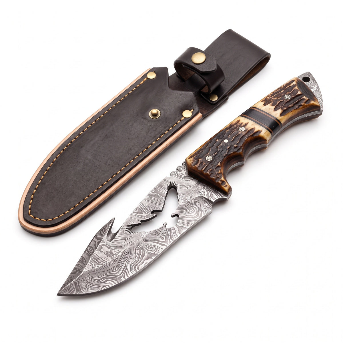 Ridgeback 10.7" Damascus Gut Hook Knife | Stag, three-quarter view with the Crownridge sheath