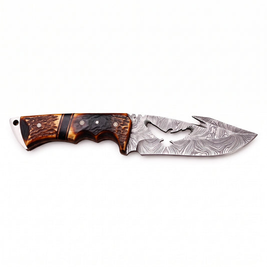 Ridgeback 10.7" Damascus Gut Hook Knife | Stag, side profile on white