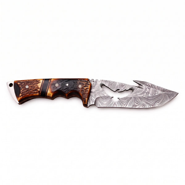 Ridgeback 10.7" Damascus Gut Hook Knife | Stag, side profile on white