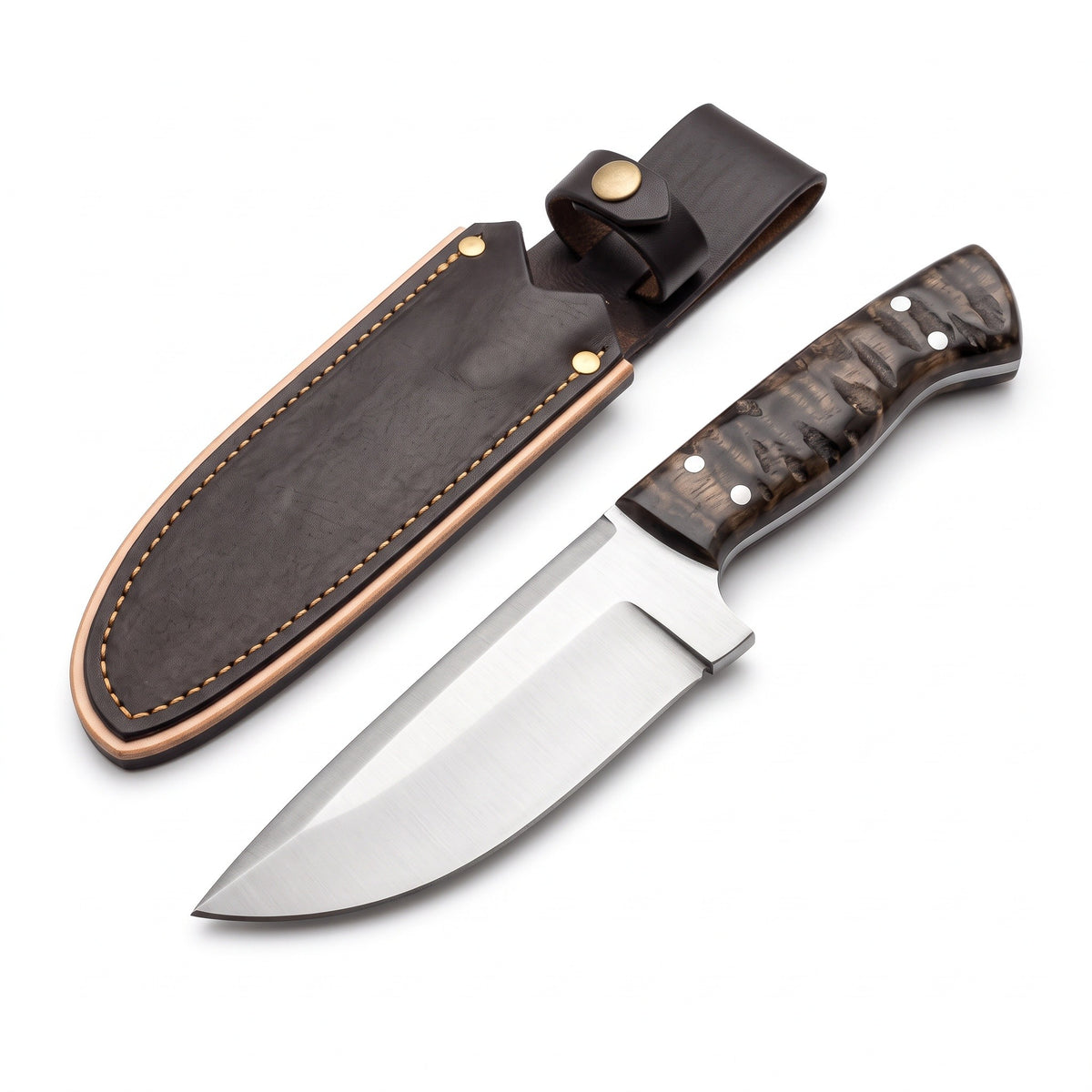 Ridgeback 10" Carbon Steel Hunting Knife | Walnut, three-quarter view with the Crownridge sheath