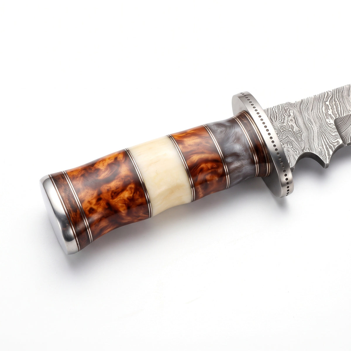 Ridgeback 10" Damascus Drop Point Hunting Knife | Camel Bone, handle and fittings close-up