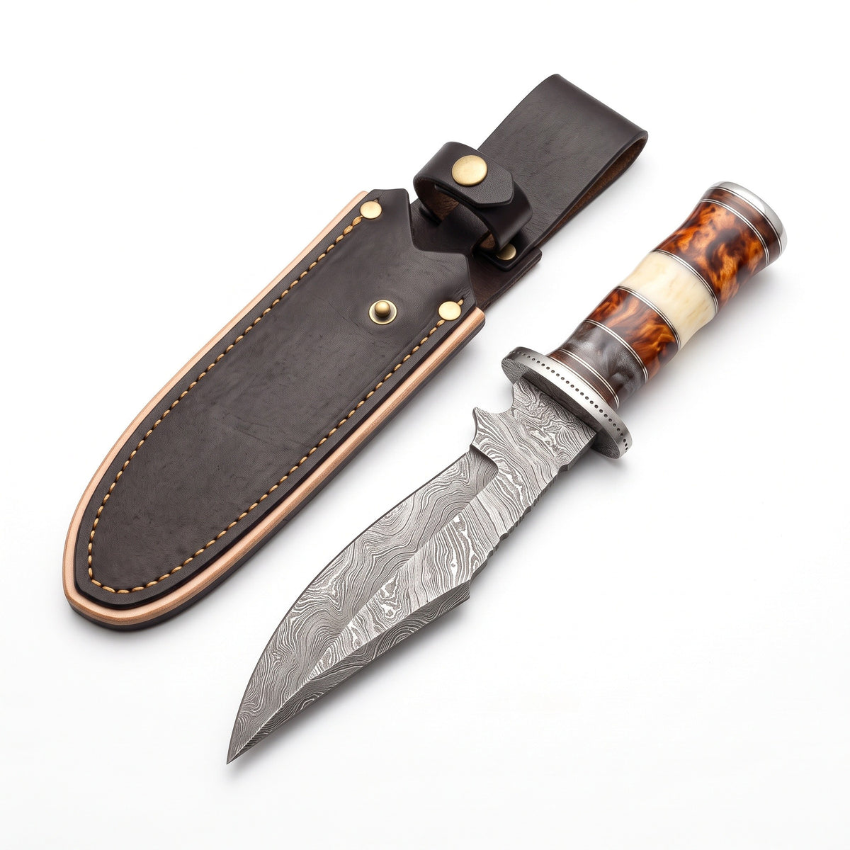 Ridgeback 10" Damascus Drop Point Hunting Knife | Camel Bone, three-quarter view with the Crownridge sheath