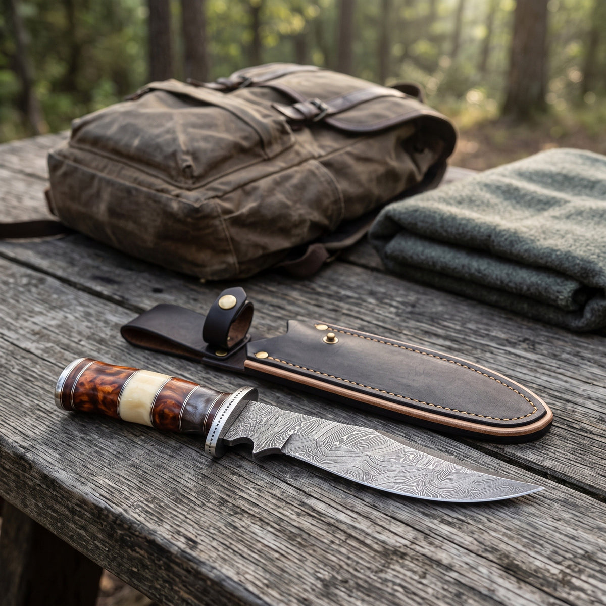 Ridgeback 10" Damascus Drop Point Hunting Knife | Camel Bone, with the Crownridge sheath in use