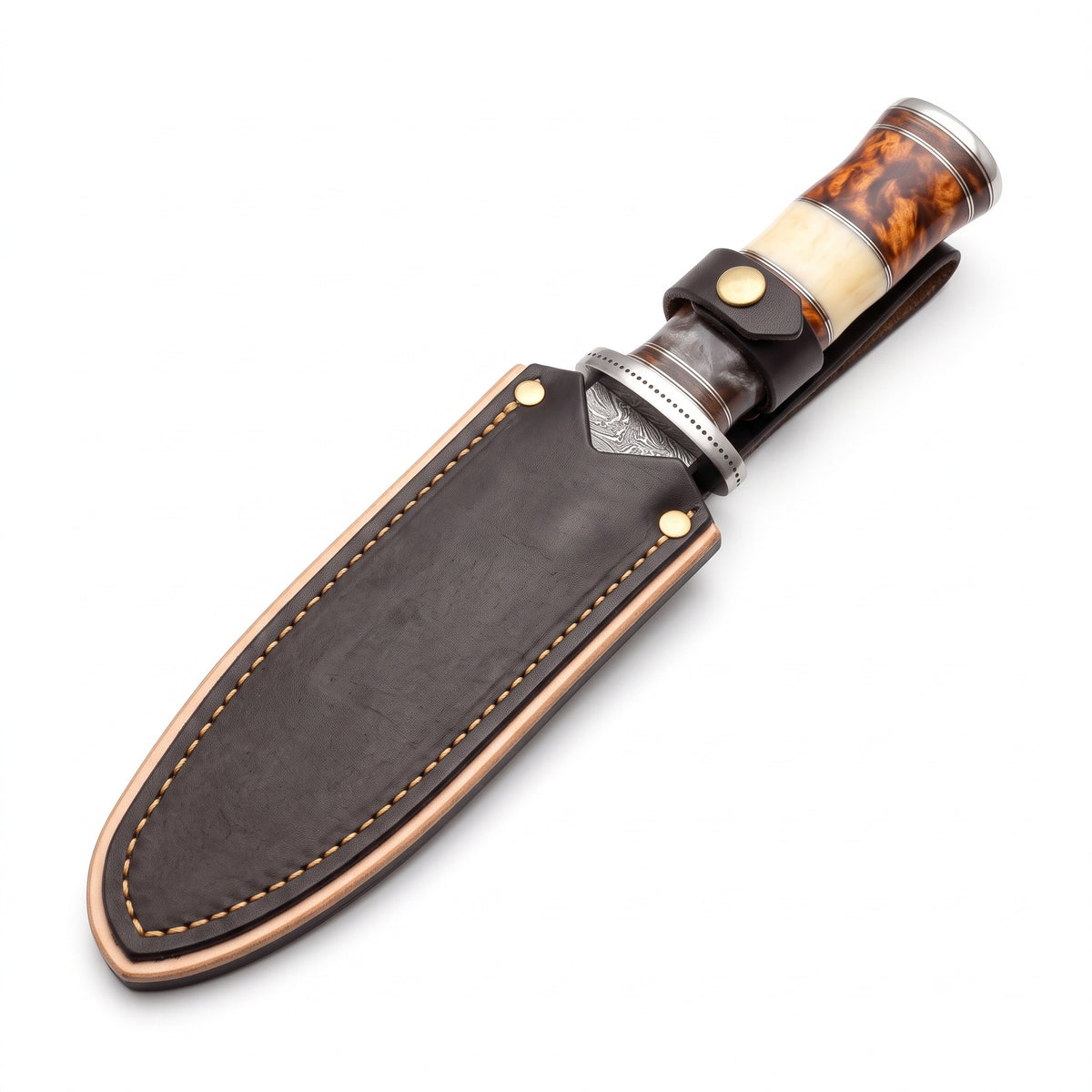 Ridgeback 10" Damascus Drop Point Hunting Knife | Camel Bone, seated in the Crownridge sheath