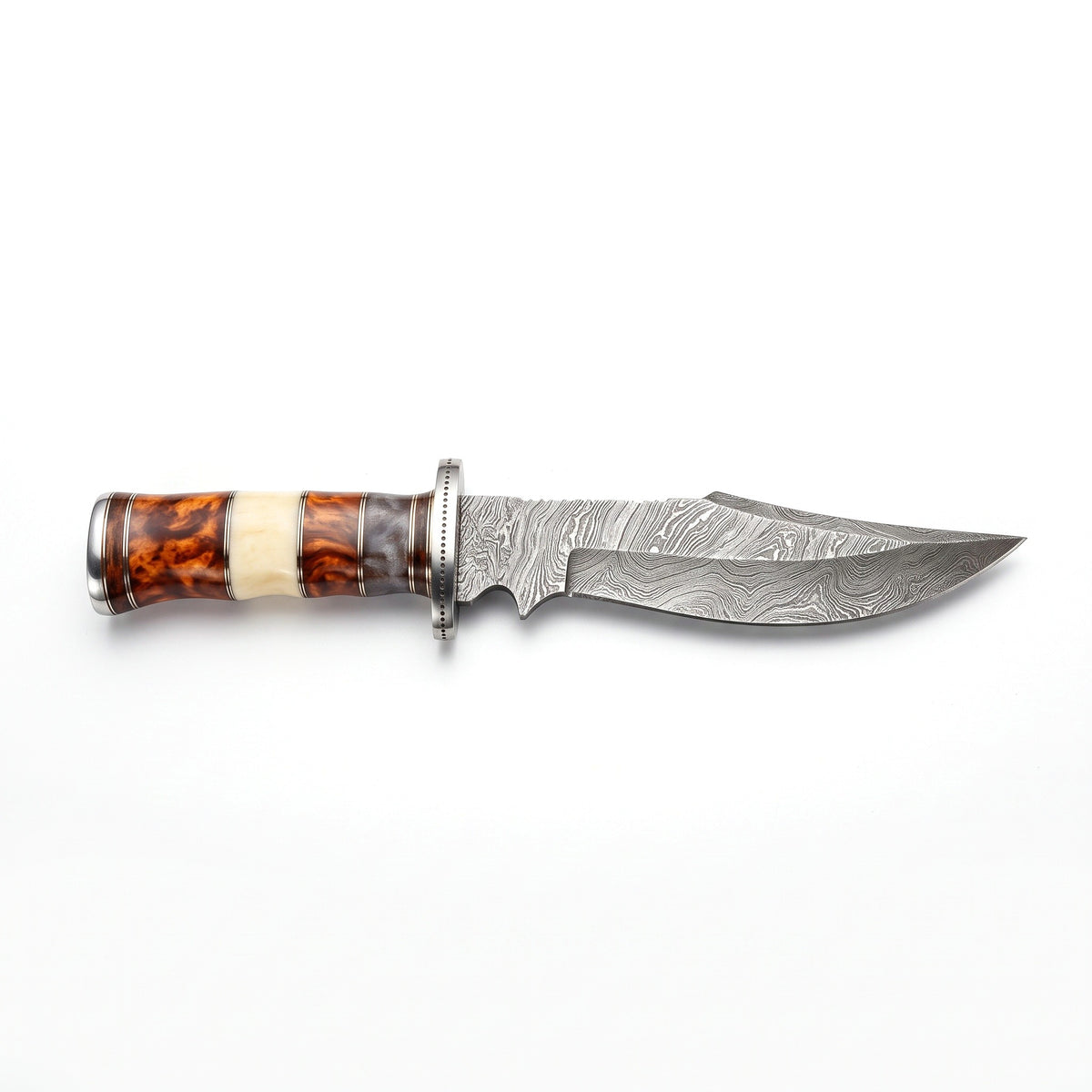 Ridgeback 10" Damascus Drop Point Hunting Knife | Camel Bone, side profile on white