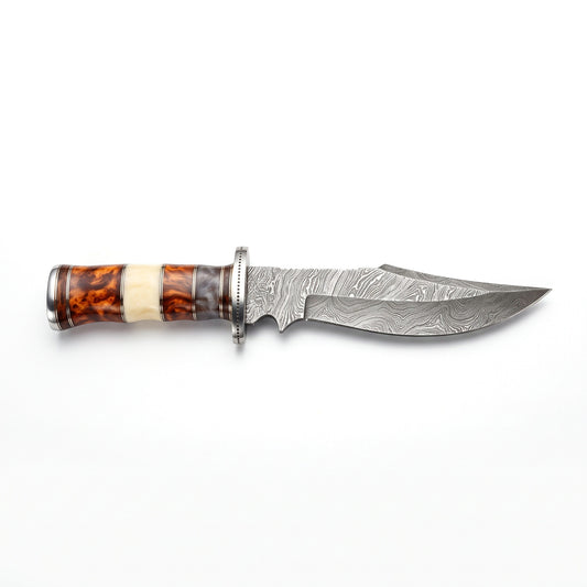 Ridgeback 10" Damascus Drop Point Hunting Knife | Camel Bone, side profile on white