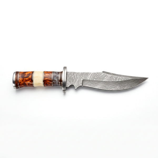 Ridgeback 10" Damascus Drop Point Hunting Knife | Camel Bone, side profile on white