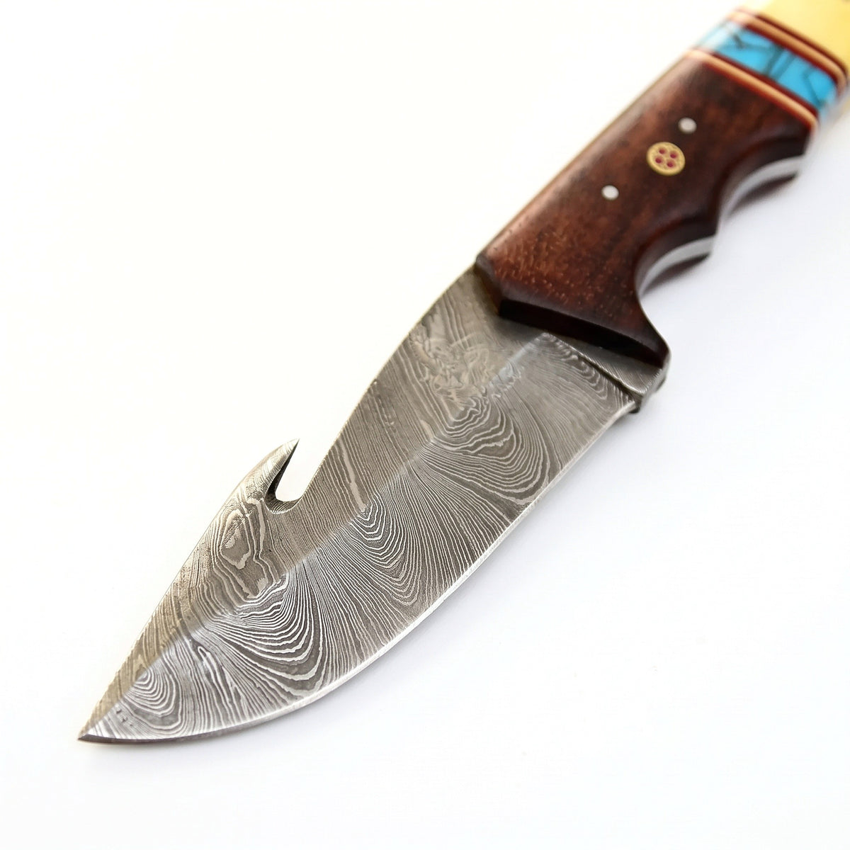 Ridgeback 10" Damascus Gut Hook Knife | Bone & Turquoise, Damascus blade close-up