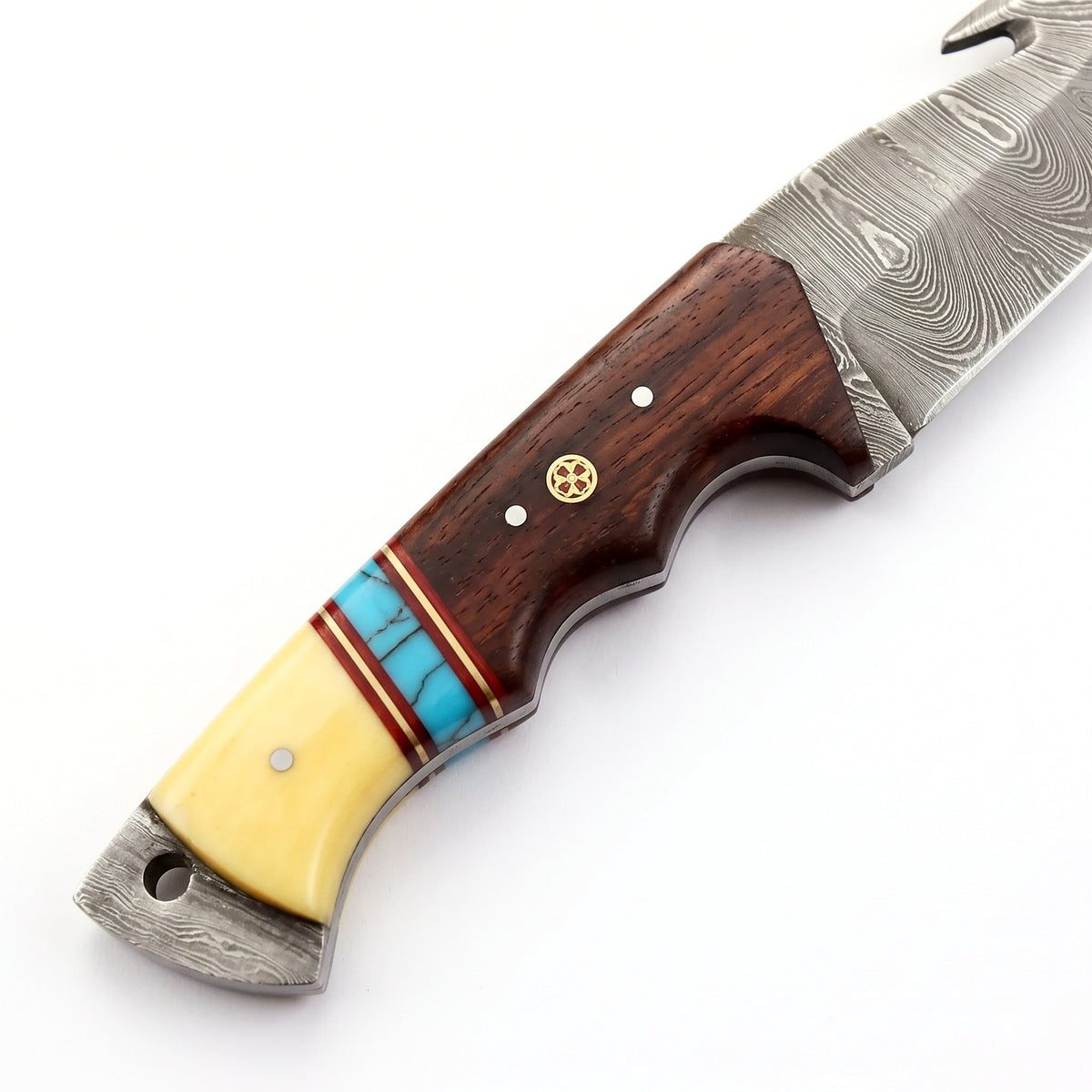 Ridgeback 10" Damascus Gut Hook Knife | Bone & Turquoise, handle and fittings close-up