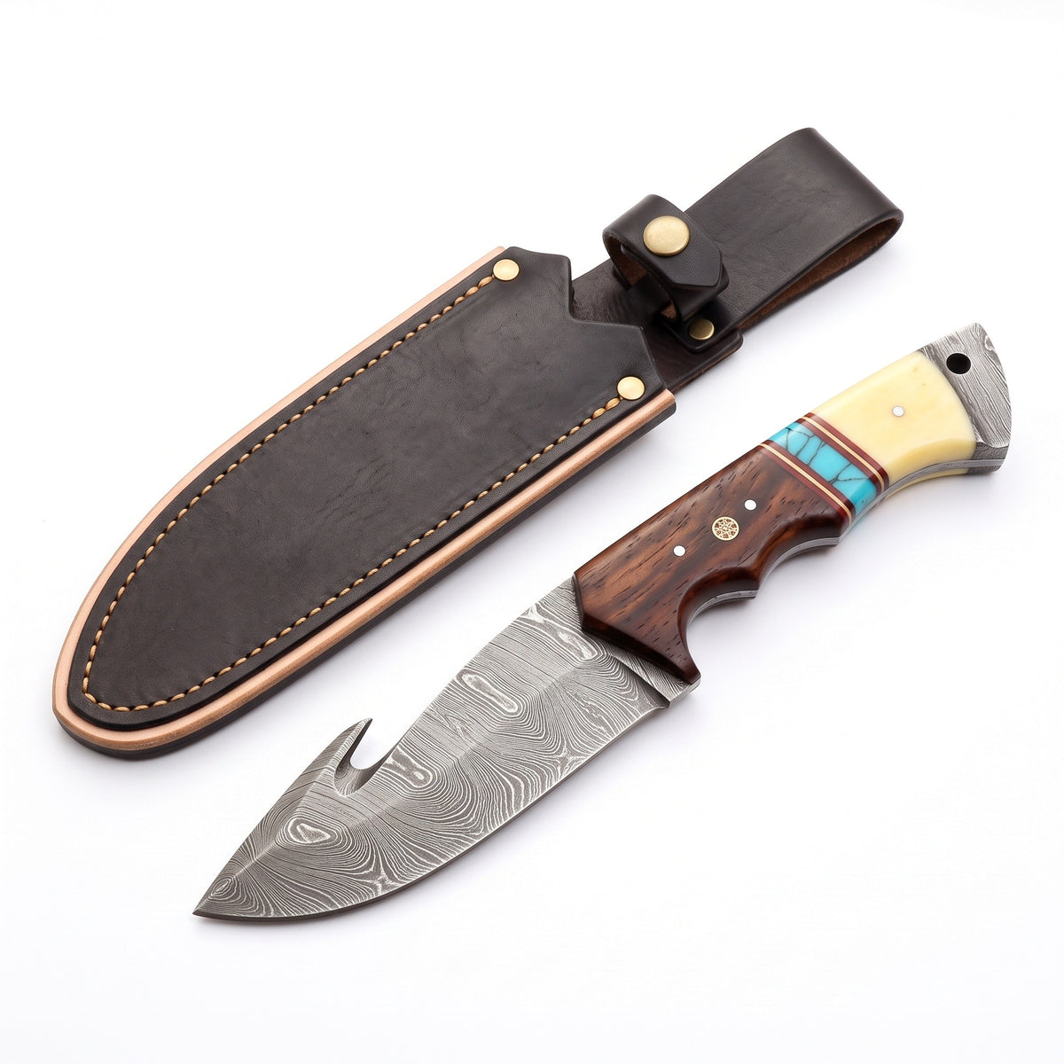 Ridgeback 10" Damascus Gut Hook Knife | Bone & Turquoise, three-quarter view with the Crownridge sheath
