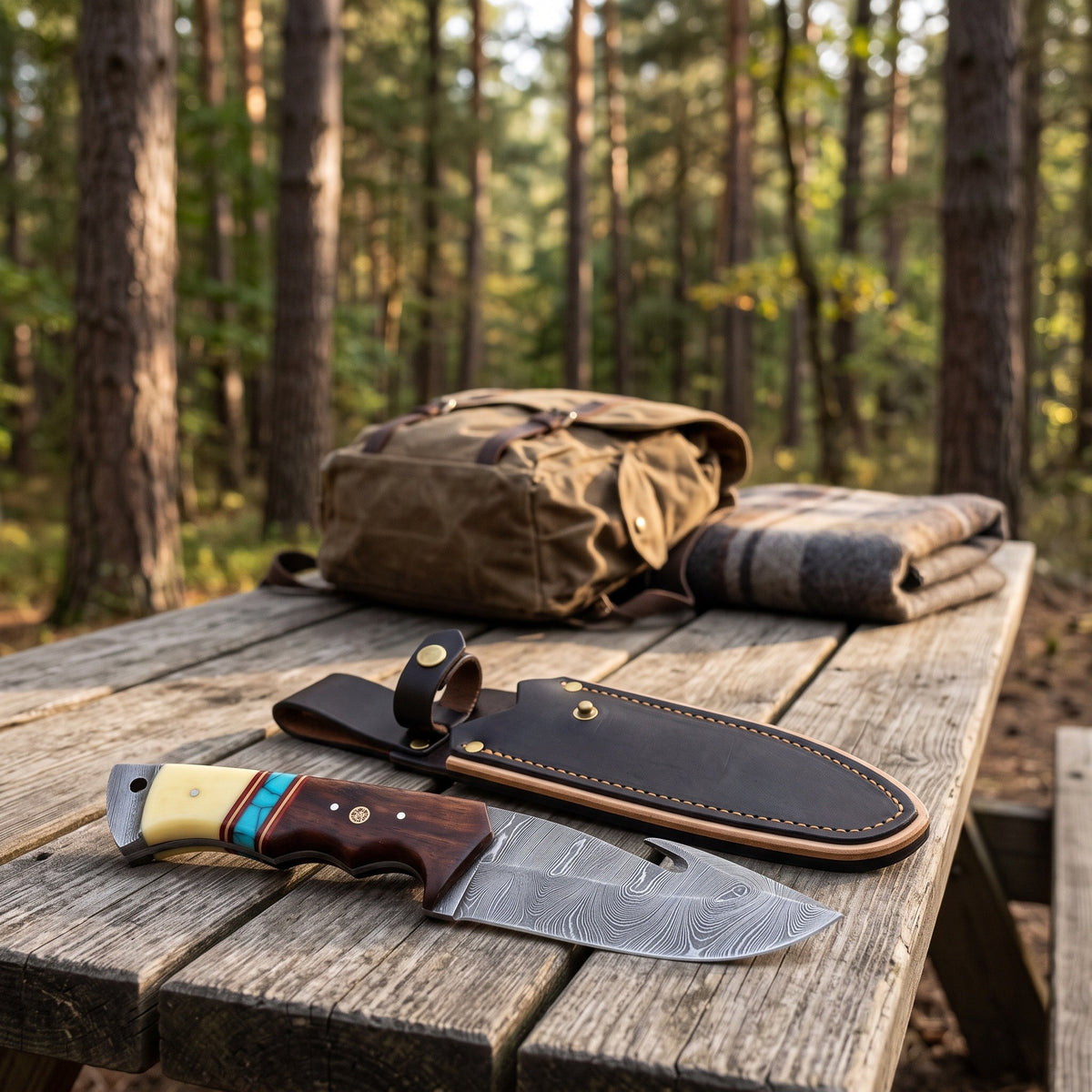 Ridgeback 10" Damascus Gut Hook Knife | Bone & Turquoise, with the Crownridge sheath in use