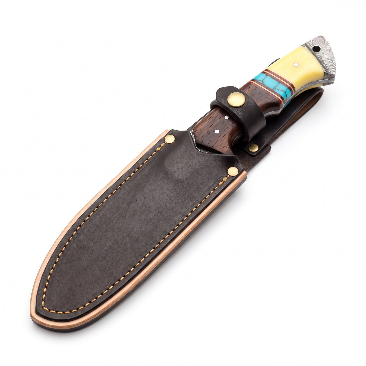 Ridgeback 10" Damascus Gut Hook Knife | Bone & Turquoise, seated in the Crownridge sheath