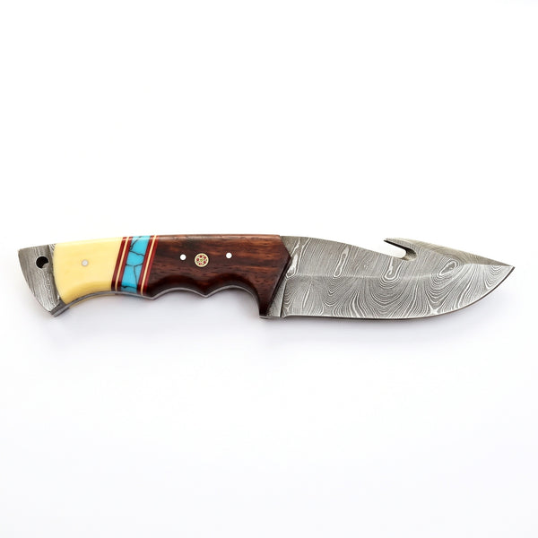 Ridgeback 10" Damascus Gut Hook Knife | Bone & Turquoise, side profile on white
