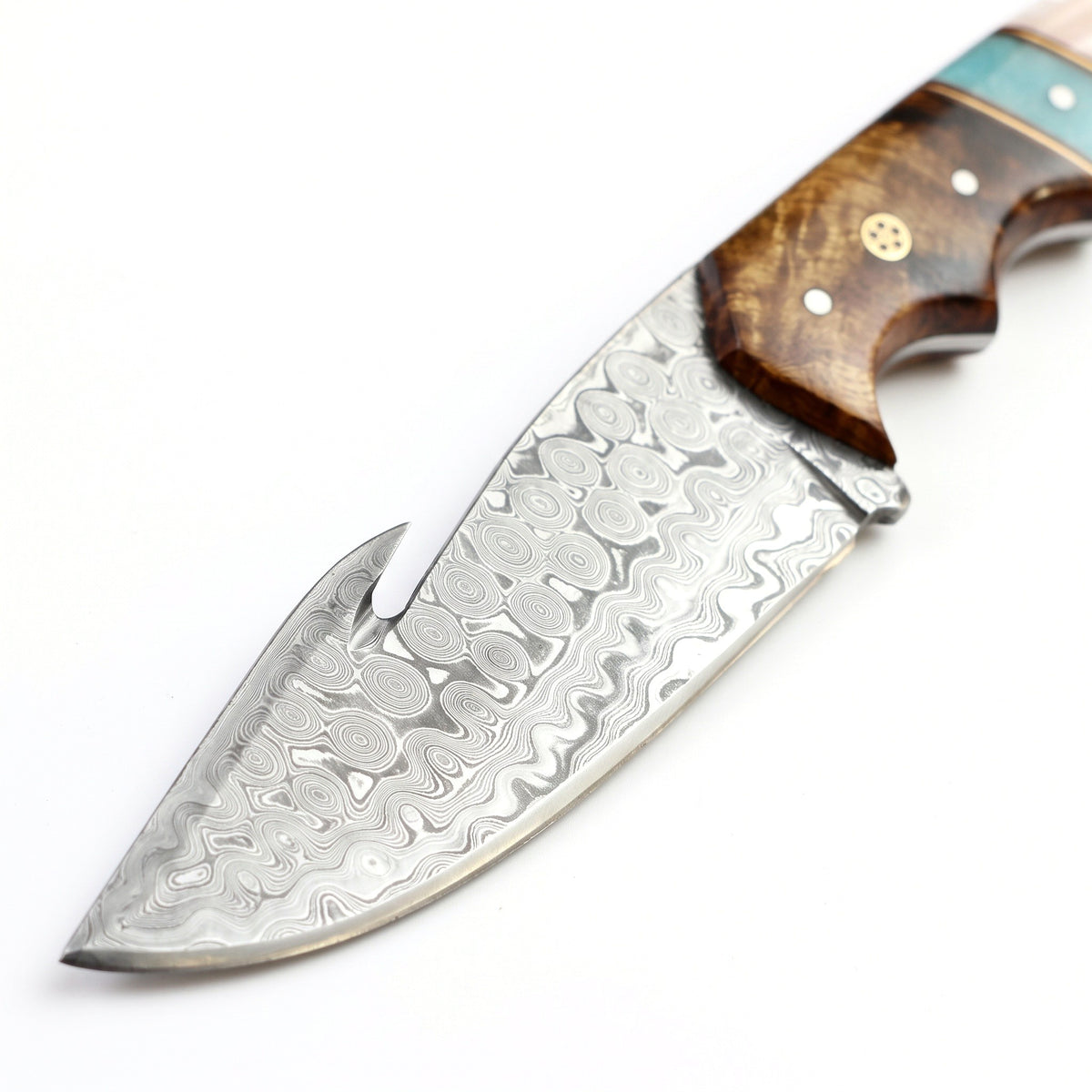 Ridgeback 10" Damascus Gut Hook Knife | Mother of Pearl, Damascus blade close-up