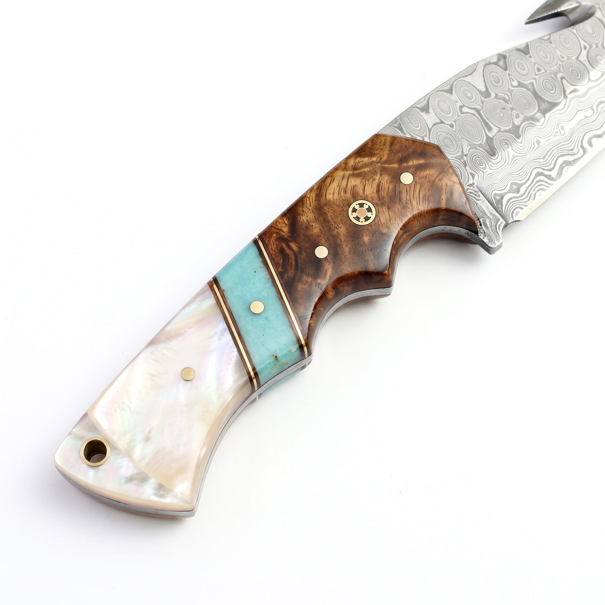 Ridgeback 10" Damascus Gut Hook Knife | Mother of Pearl, handle and fittings close-up