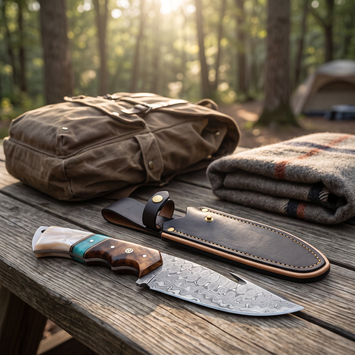 Ridgeback 10" Damascus Gut Hook Knife | Mother of Pearl, with the Crownridge sheath in use