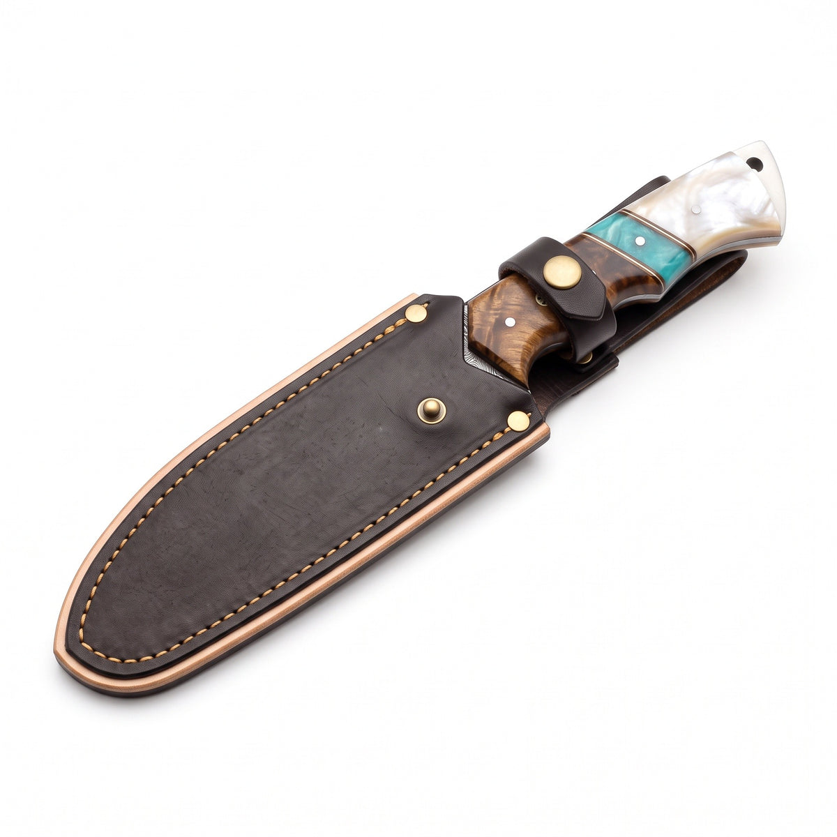 Ridgeback 10" Damascus Gut Hook Knife | Mother of Pearl, seated in the Crownridge sheath