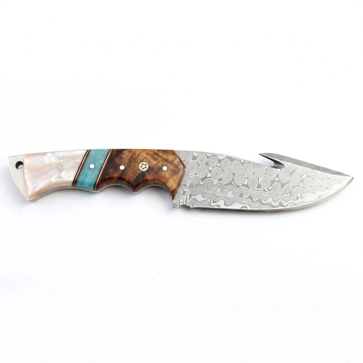 Ridgeback 10" Damascus Gut Hook Knife | Mother of Pearl, side profile on white