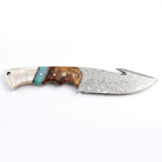 Ridgeback 10" Damascus Gut Hook Knife | Mother of Pearl, side profile on white