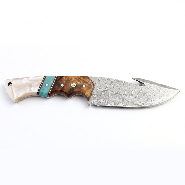 Ridgeback 10" Damascus Gut Hook Knife | Mother of Pearl, side profile on white