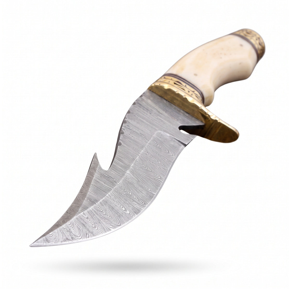 Ridgeback 10" Damascus Hunting Knife | Bone & Brass, Damascus blade close-up
