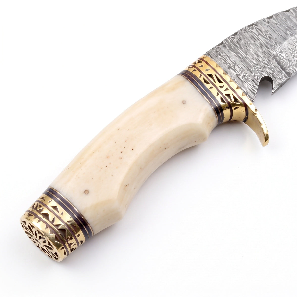 Ridgeback 10" Damascus Hunting Knife | Bone & Brass, handle and fittings close-up