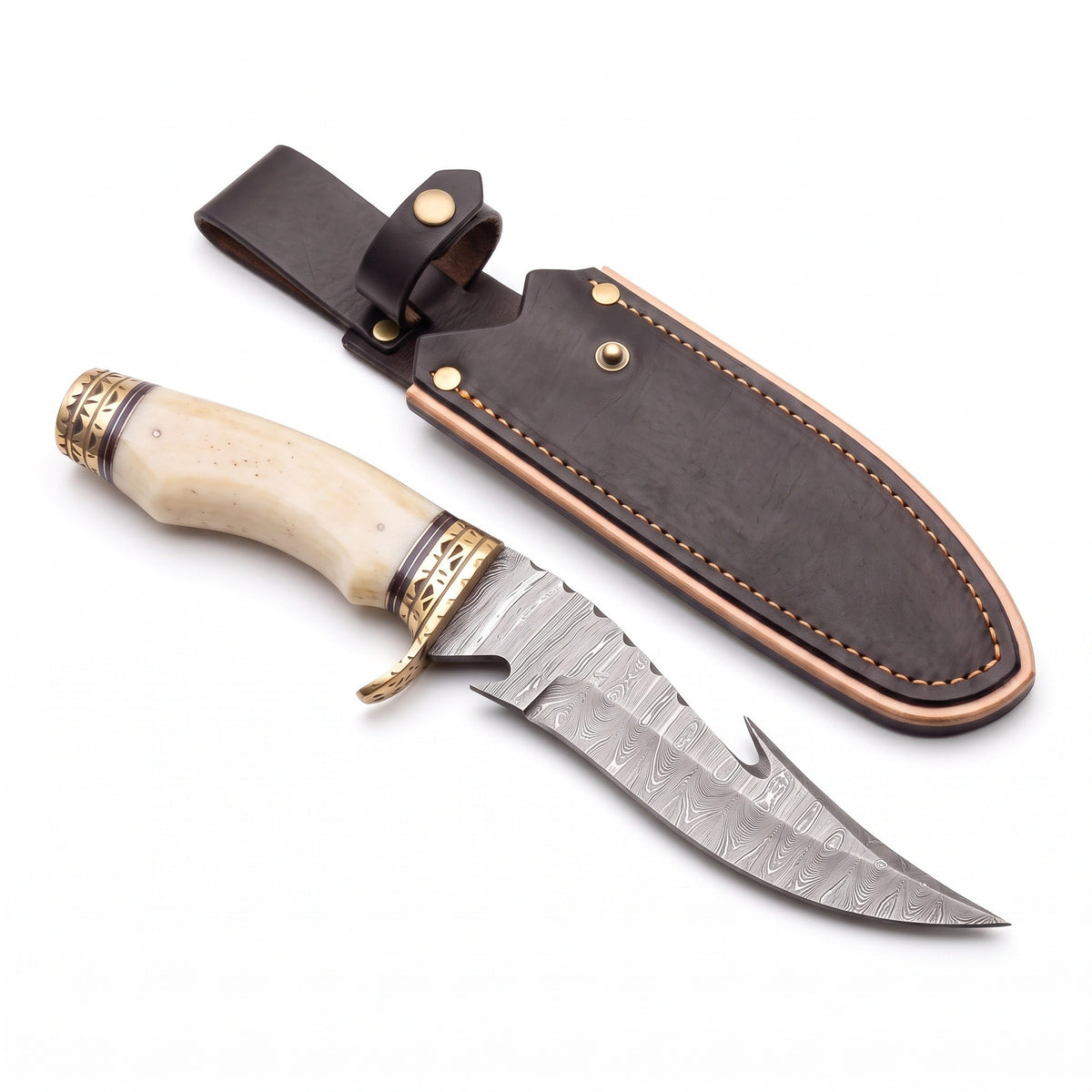 Ridgeback 10" Damascus Hunting Knife | Bone & Brass, three-quarter view with the Crownridge sheath