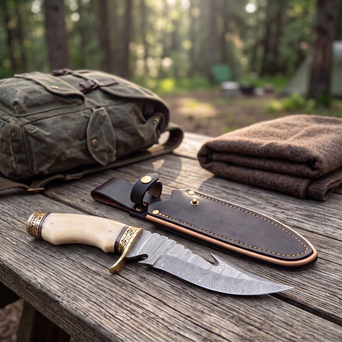 Ridgeback 10" Damascus Hunting Knife | Bone & Brass, with the Crownridge sheath in use