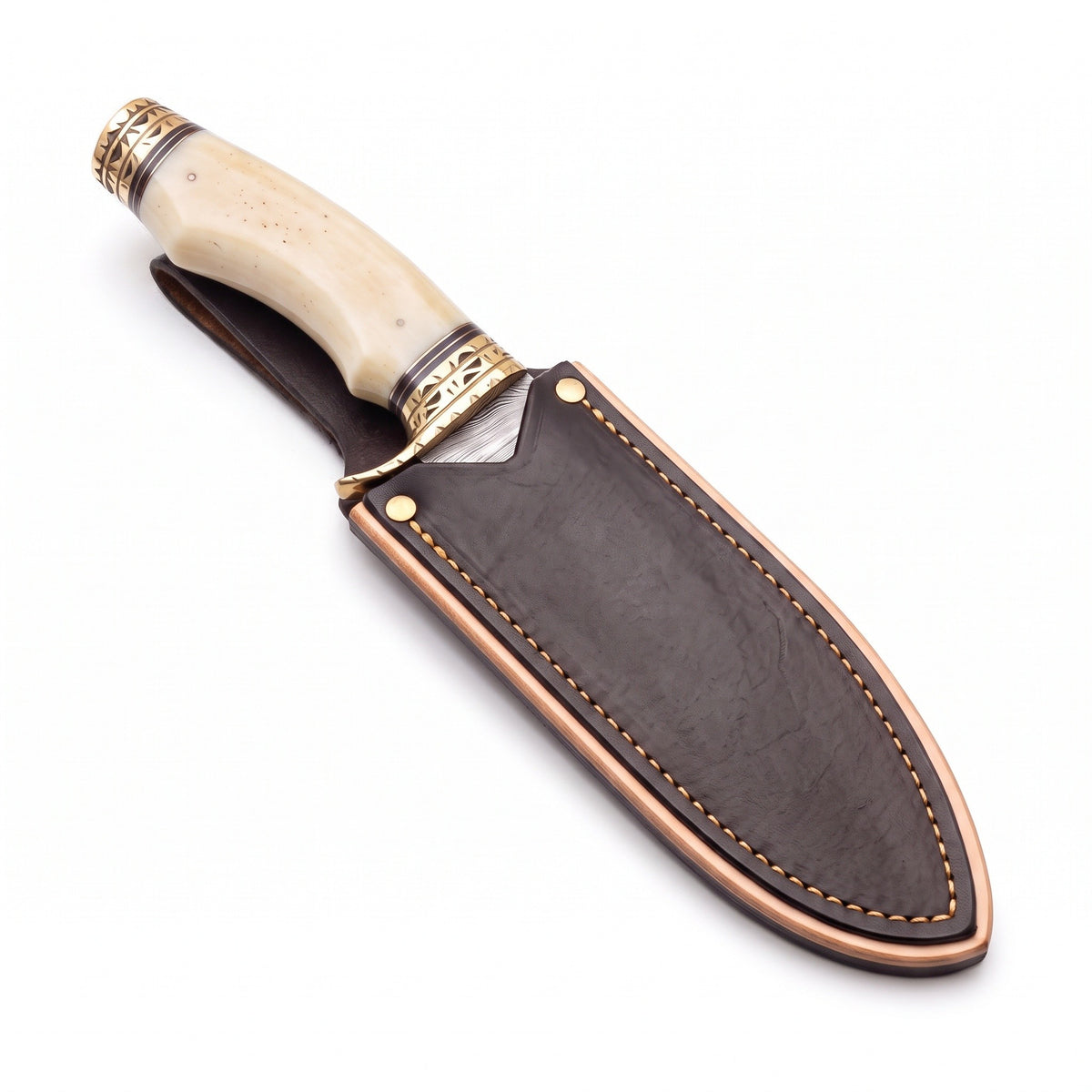 Ridgeback 10" Damascus Hunting Knife | Bone & Brass, seated in the Crownridge sheath