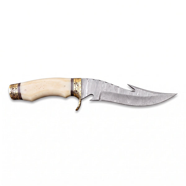 Ridgeback 10" Damascus Hunting Knife | Bone & Brass, side profile on white
