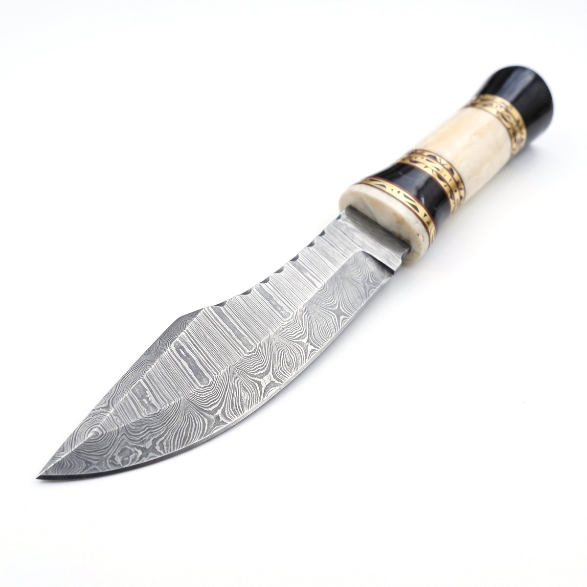Ridgeback 10.5" Damascus Hunting Knife | Bone, Damascus blade close-up
