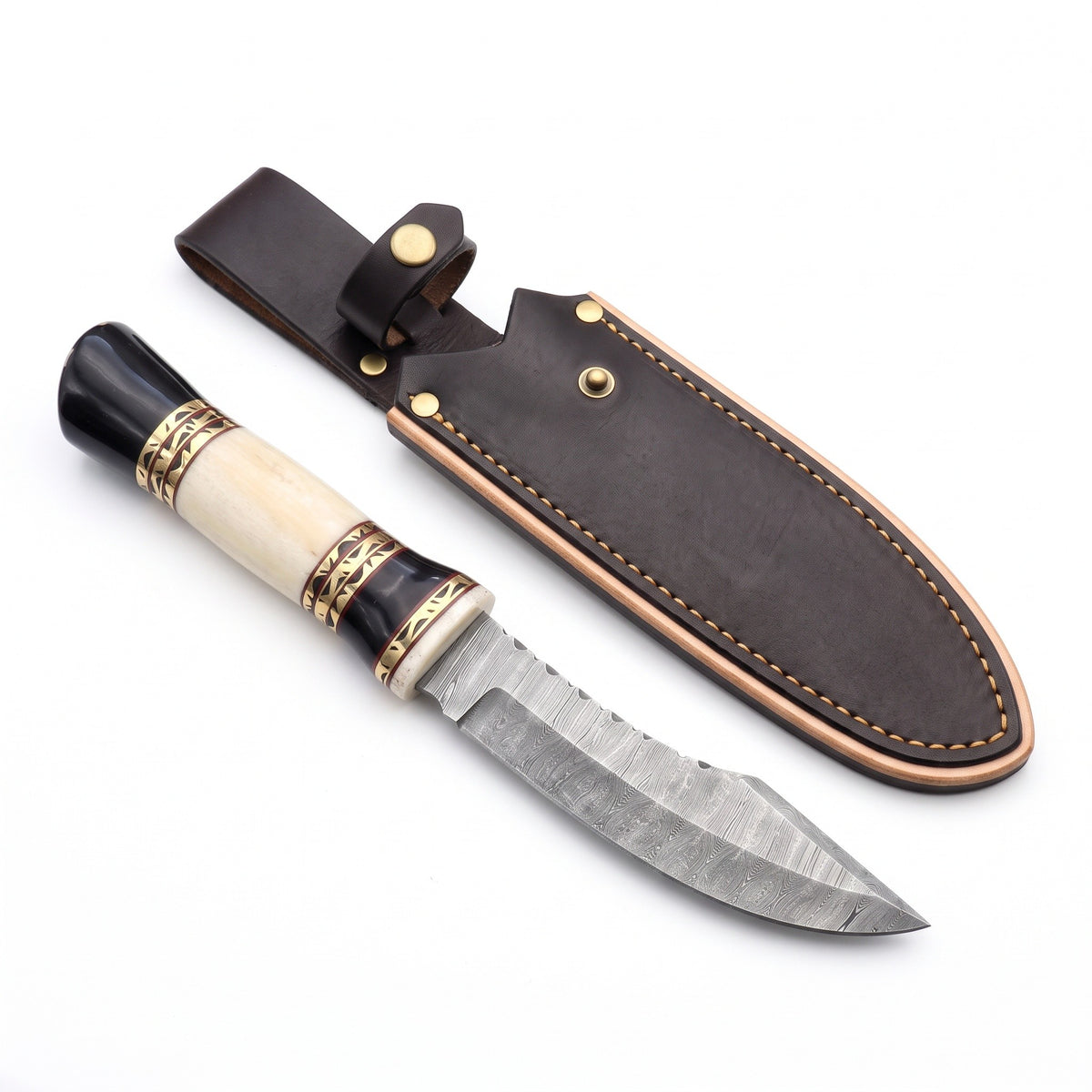 Ridgeback 10.5" Damascus Hunting Knife | Bone, three-quarter view with the Crownridge sheath