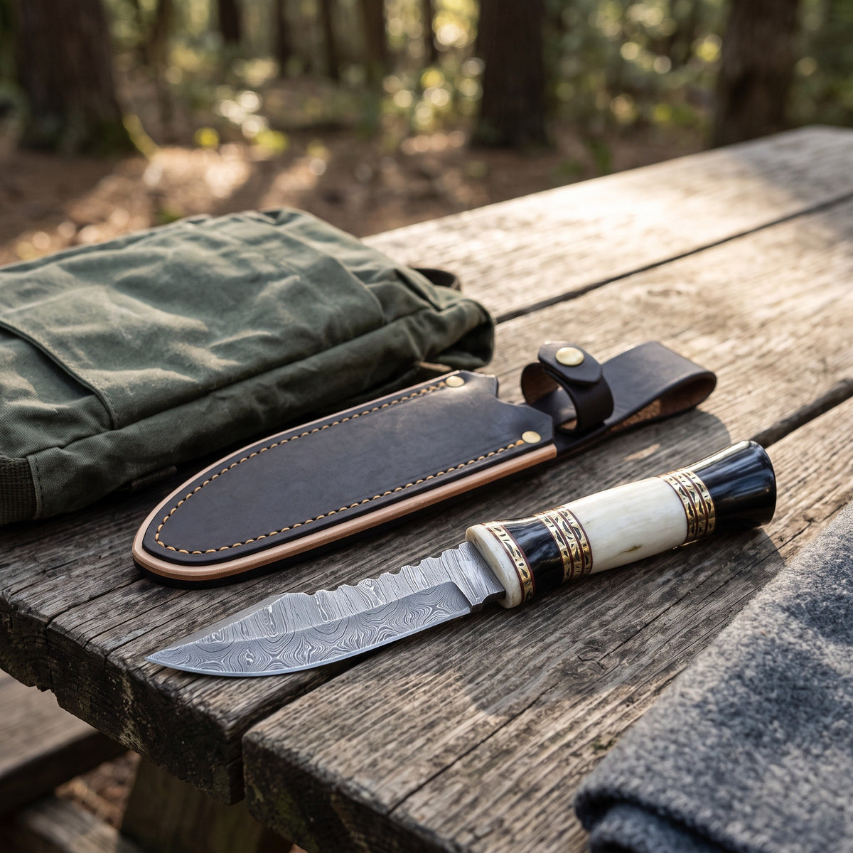 Ridgeback 10.5" Damascus Hunting Knife | Bone, with the Crownridge sheath in use
